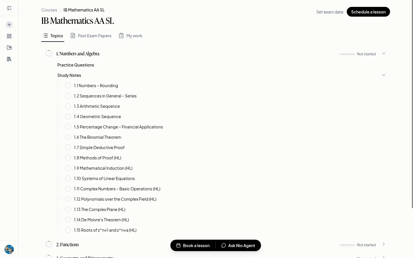 IB Physics HL course hub with topic progress, past papers and the next lesson