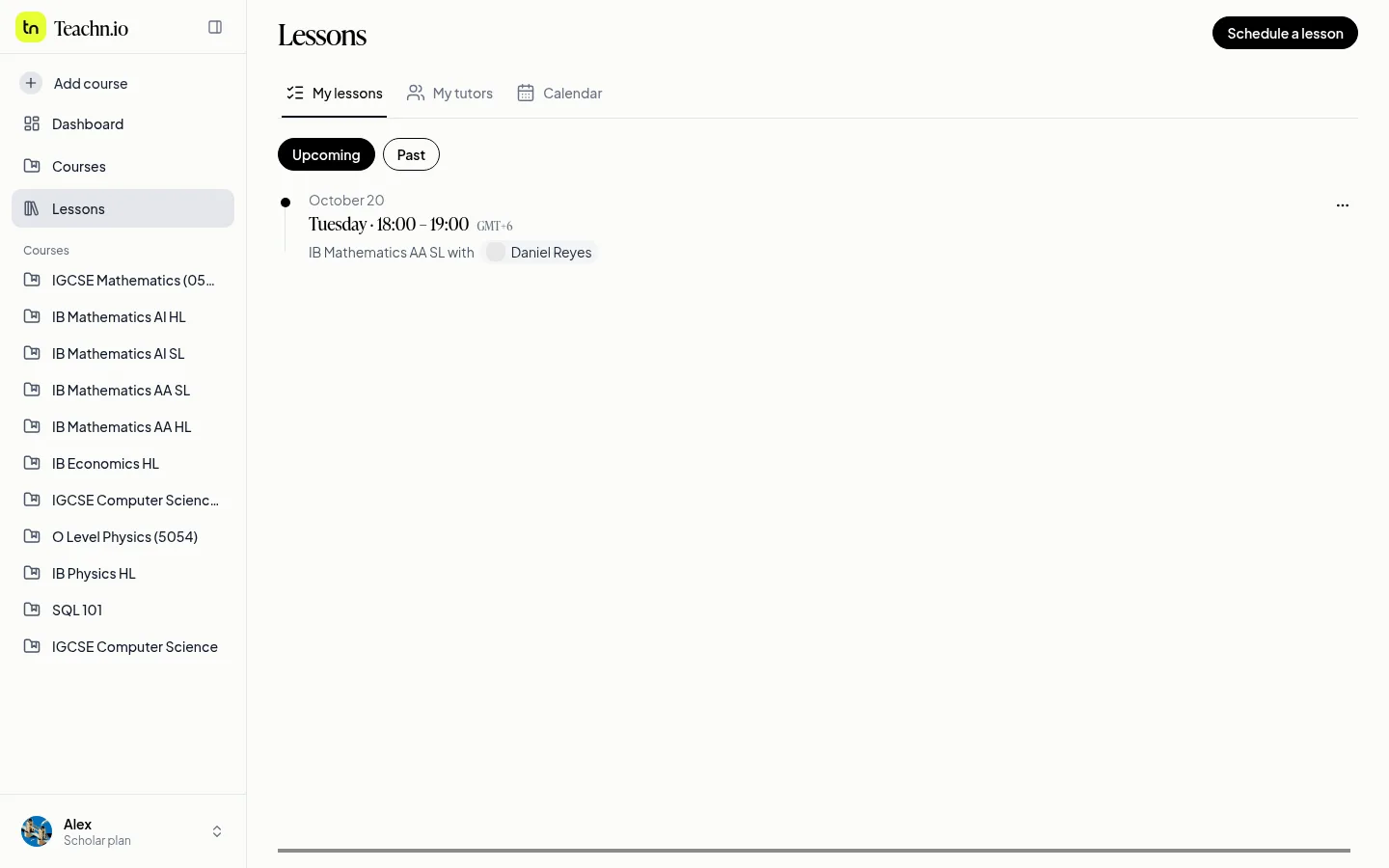 Lessons page with an upcoming IB Physics HL lesson and tutors for that course